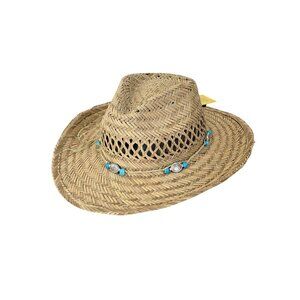 Natural Woven Straw Cowboy Hat With Beaded Trim By Broner Ladies One Size